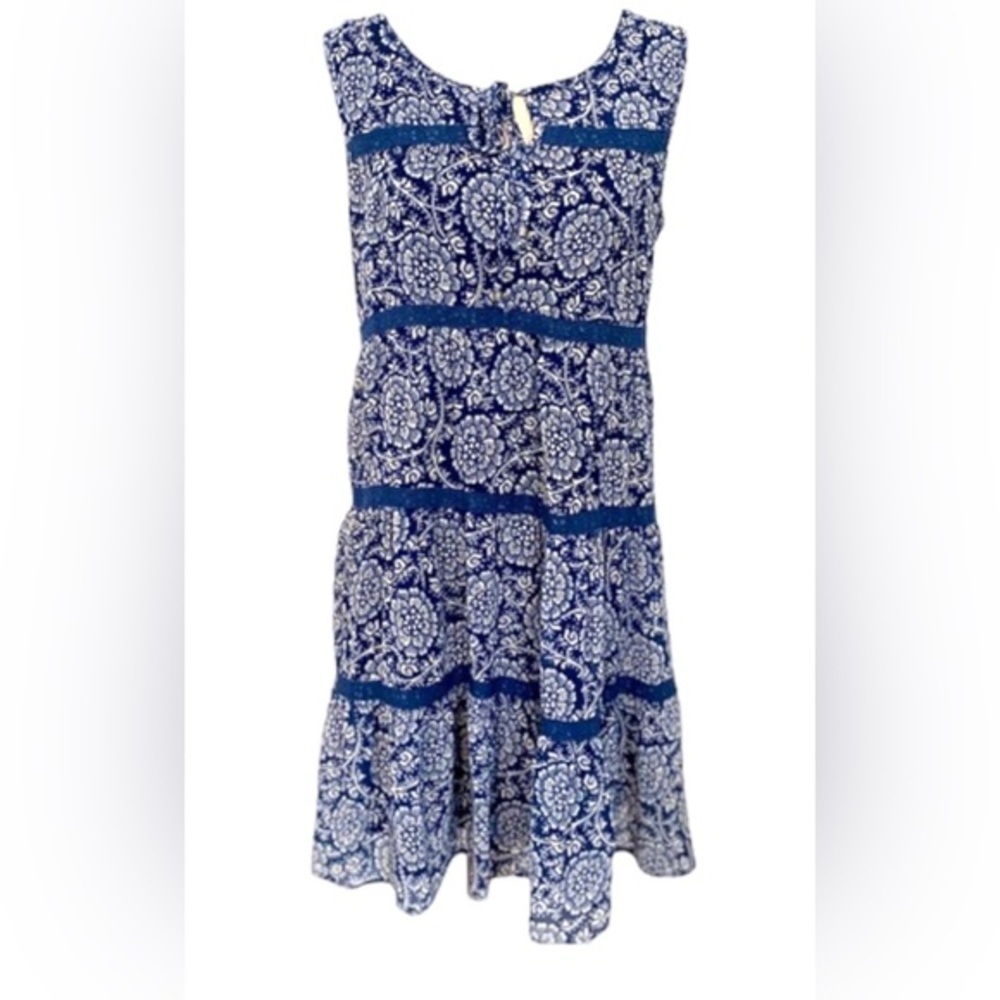 Red Camel Blue & White Floral Fit & Flare Ruffled Sleeveless Dress Small